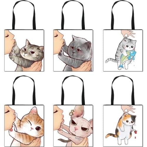 Cute Kissing Cat Print Leisure Tote Bag Women Ladies Shopping Bag Outdoor Beach Bag Totes Teenager Girls School Bookbag