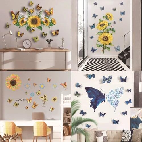 Sunflower Wall Sticker 3D Color Three Dimensional Butterfly Creative Living Room Bedroom Background Decoration Wall Sticker