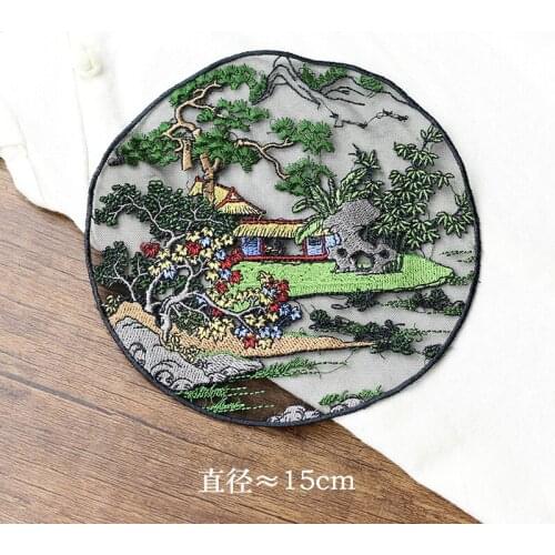 Landscape painting design embroidered appliques flowers patch,sew on designer patches for jeans parches bordados para ropa
