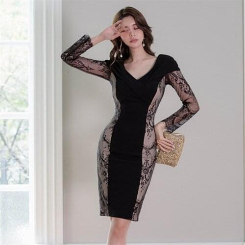 2020 Autumn New Fashion Design Sense Korean Temperament Stitching Slim Lace Wrap Hip Dress