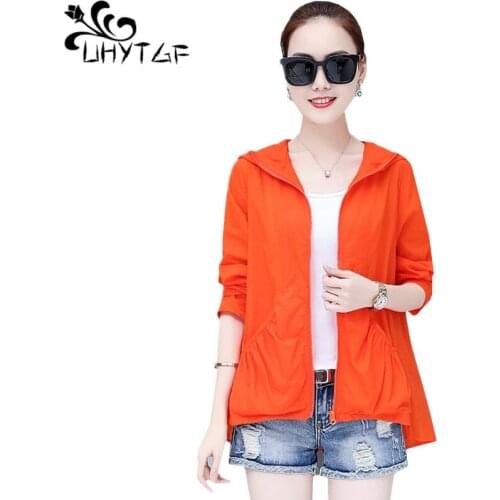 UHYTGF Womens spring summer coat Breathable hooded short sun protection clothing Long sleeves Thin plus size coat 5 colors 1470