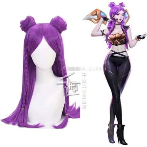 LOL K/DA Kaisa Cosplay Wigs Long Purple KDA Cosplay Wig with Buns Halloween Heat Resistant Synthetic Hair
