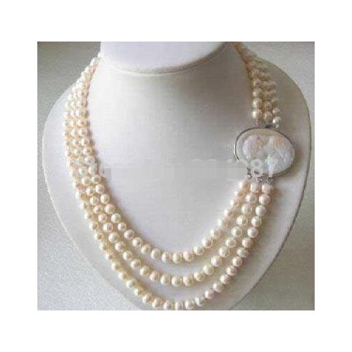 Genuine 3 Rows 7-8MM Freshwater Pearl Necklace Cameo Clasp>>> women jewerly Free shipping