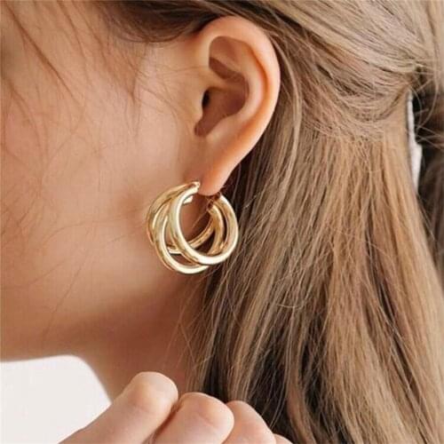 Qianraq Vintage Design Matte Metal Three Layer Copper Tube Geometric c Shape Round Circle Circle Earrings For Girl Women Jewelry