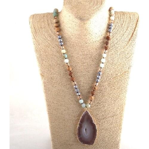 MOODPC Fashion Bohemian Tribal Jewelry Crystal / Stone Long Knotted Gray Agt Stone Pendant Necklaces For Women