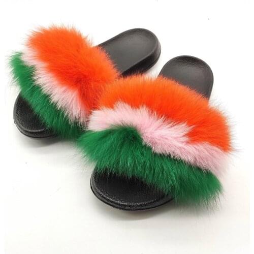 Fur Slides Ladies Summer Gorgeous Fur Sandals Women Amazing Slippers Cute Raccoon Hair Flip Flops Home Warm Slippers Plus Size