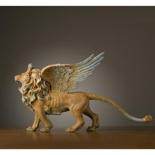 22.8in Chinese Art Deco Pure Brass Painted Mighty myth animal Wing Lion sculpture Decoration Home Furnishings Gift Statue