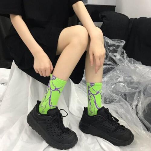 Street Fashion Cotton Adult Middle Calf Crew Socks Hip Hop Harakuju Streetwear LightningHipster Skateboard Couple Cool Flash Sox