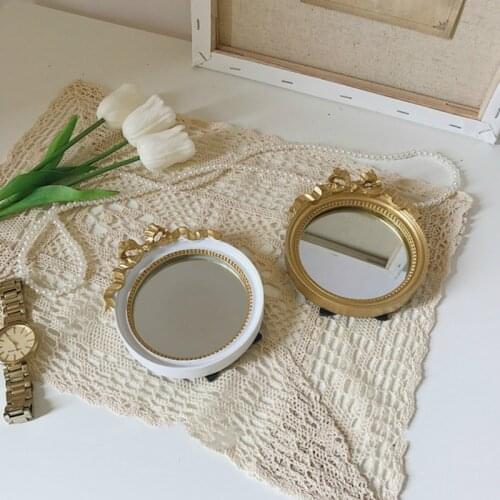 Ins Vintage Round Mirror Small Tray Photo Props Girl Bow Jewelry Cosmetic Storage Espelho Spiegel Desktop Decoration Classical