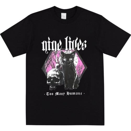 Nine Lives Goth Shirt Cool Death Metal Sphynx Cat Black Metal Witchcraft T-Shirt Gothic Punk Style Tee Spooky Aesthetic Tops