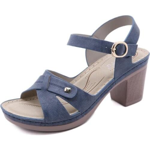 Female Genuine Leather High Heels Sandal 2021 Summer Thick Sole Ladies Fashion Sandal Summer Shoes for Women Peep Toe Footwear