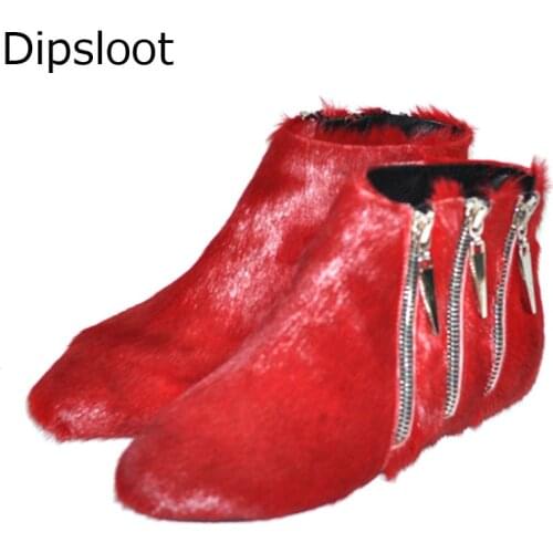 2018 Stylish Three Metal Pepper Zipper Ankle Boots Women Horse Hair Fur Short Martin Boots Pointed toe Flat Bottines Shoes Woman