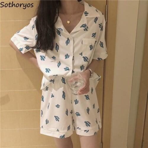 Women Summer Pajama Sets Short Sleeve Tops Printed Shorts Lovely Girls Loose Sleepwear Females Lounge High Quality Students Chic