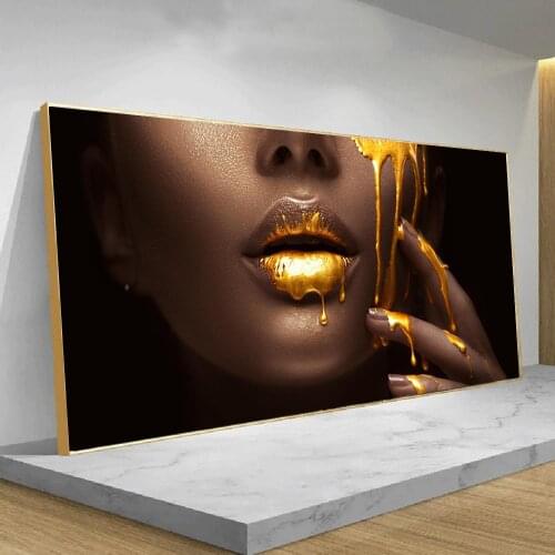 Gold Lips Of Women Painting Canvas Print Posters Stylish Wall Art Picture For Living Room Home Decor