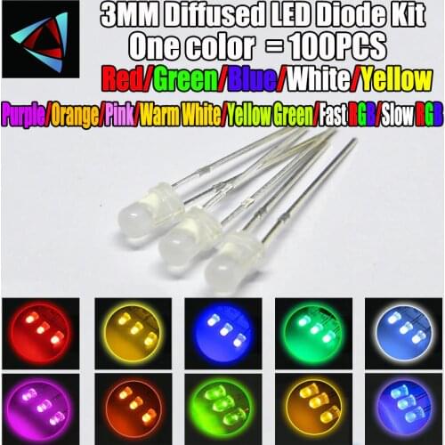 100pcs 3mm Misty LED Diffused Kit 3 mm 3V Warm White Green Red Blue Yellow Orange Purple UV Pink Fast Slow RGB 10 colors