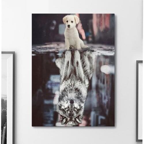 New diy 5d Square Round Diamond Painting Dog reflection wolf diamond embroidery Cross Stitch 3d Diamond Mosaic sale decor