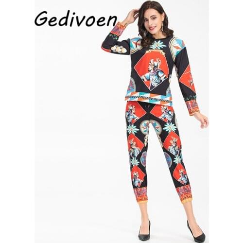 Gedivoen Designer Autumn Casual Pants Suits Womens Fashion Vintage Print Long Sleeve Tops + Ankle-Length Pants Two Piece Set