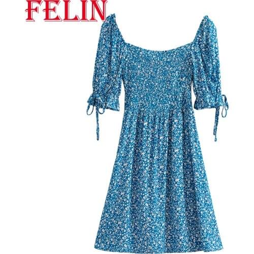 FELIN ZA 2021 Women Summer New Blue Dress Square Collar Elastic Waist Floral Printed Mini Dress Vintage Mujer Vestidos