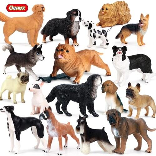 Oenux New Dog Animals Model Action Figure Boxer Bulldog Schnauzer Puppy Figurines Cute Miniature Educational Toys For Kids Gift