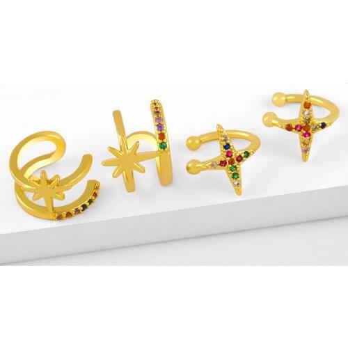 FLOLA Cute Star Ear Cuffs Clip On Earrings No Piercing Gold Plated CZ Micro Pave Stone Fake Percing Rainbow Jewelry Gifts ersw35