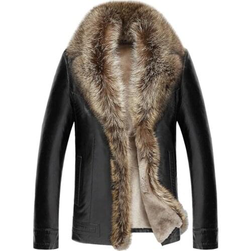 Leather Jacket Men Clothes Raccoon Dog Fur Collar Winter Jackets for Men Plus Size Sheepskin Coat 6xl Chaqueta Hombre ZT5009