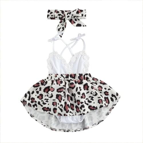 Summer Baby Girls Two-piece Clothes Set White Deep V-neck Sleeveless Backless Leopard Print Romper Dress and Headdress