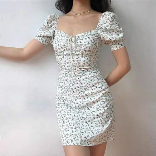 Summer Puff Sleeve Fairy Dress 2021 Women Vintage Sweet Short Sleeve Floral Dresses Cottagecore Girl Elegant Beach Holiday Wear