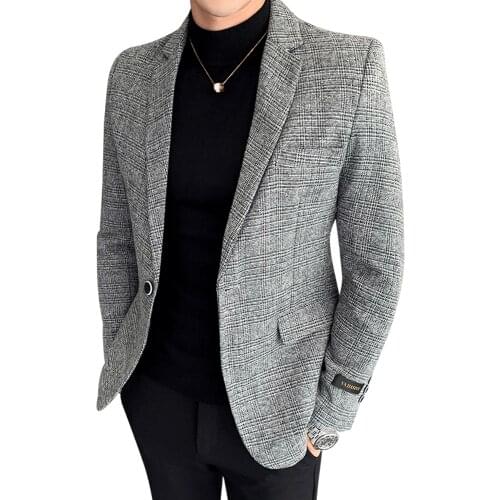 2021 New Men Casual Blazer British Style Business Slim Fit Plaid Suit Coat Long Sleeve Male Formal Single Buckle Suit Jacket