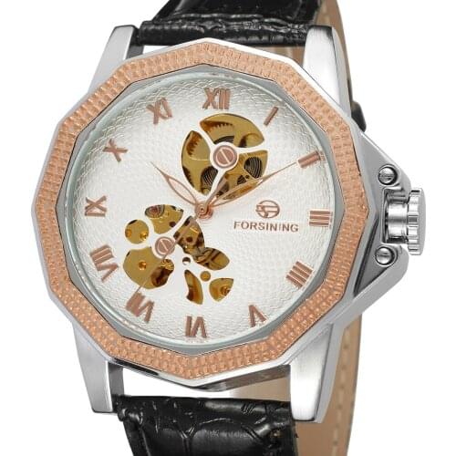 Forsining Golden Gear Movement Transparent Case Roman Retro Design Mens Mechanical Skeleton Genuine Leather Belt Men Wrist Watch