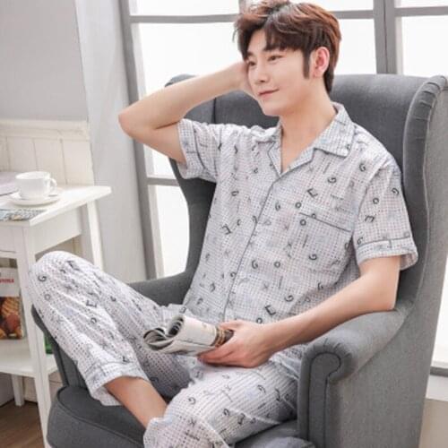 Mens Stain Silk Pajama Set Summer Short Sleeve Long Pants Elastic Waist Men Pajamas Leisure Home Clothes Panda Deer Sleepwear