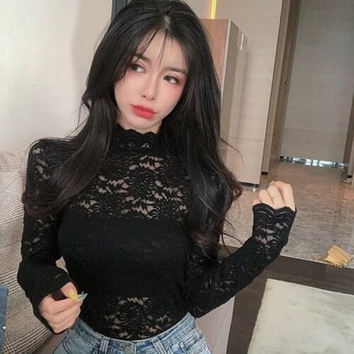 Pure Color Stretch All-Match High-Neck Lace Shirt with a Bottoming Shirt Top One Size