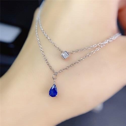 Natural Sapphire Necklace 4*6MM Genuine Blue Gemstone Simply Design Fine Jewelry for Young Girl Gift Real 925 Sterling Silver