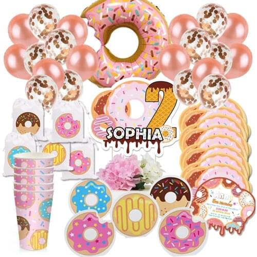 Donut Party Birthday Balloons Donut Grow Up Happy Birthday Invitations Cake Topper Party Favor Bag Decoration Banner Party Box