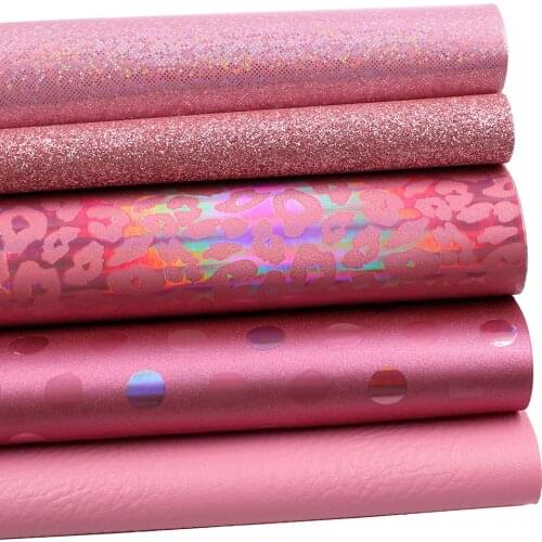 Pink Series Faux Leather Sheet Rough Glitter Holographic Synthetic Leather Sheet Assorted 5pcs 7.7" x 12.9" (20 cm x 33 cm)