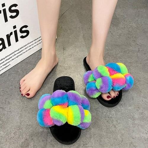 Faux Fur Home Slippers Fluffy Women Slides Comfort Furry Flat Sandals Female Cute Slippers Shoes For Woman Indoor Flip Flops
