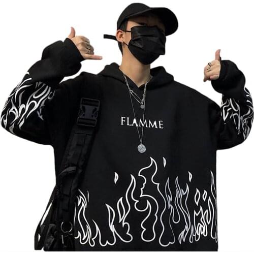 Streetwear Ladies Flame Print Pullover Hoodie Oversized Harajuku StylePullove Plus Size Winter Sweatshirt Korean StreetwearHD026
