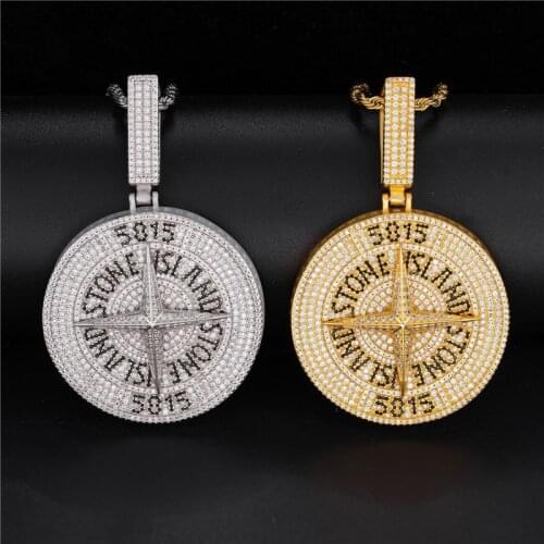 Hip Hop AAA Zircon Compass Pendant Necklace Iced Out Bling Rhinestone Coin Cross Charm Men Women Party Jewelry