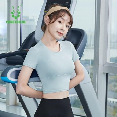 VANSYDICAL Compression Yoga Shirt Women Solid Crop Top Sportswear for Women Gym Running Short Sleeve Workout Open Back Top Girl