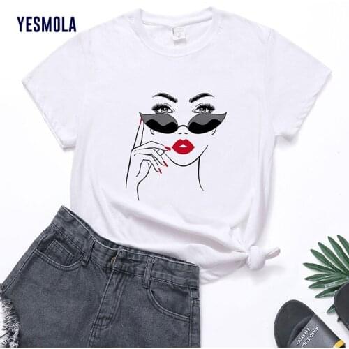 YESMOLA Women Wearing Glasses Pattern Cotton Tshirt Woman Loose Tee Shirt Femme Funny Harajuku Top 90s Girl T-shirt