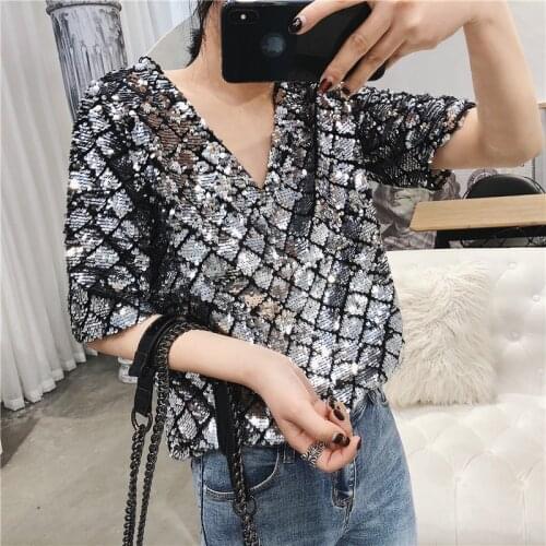 European Summer New Sparkling Blingbling Heavy Industry Short Sleeve Loose Silver Sequined T-shirts Women Top Fashion Streetwear