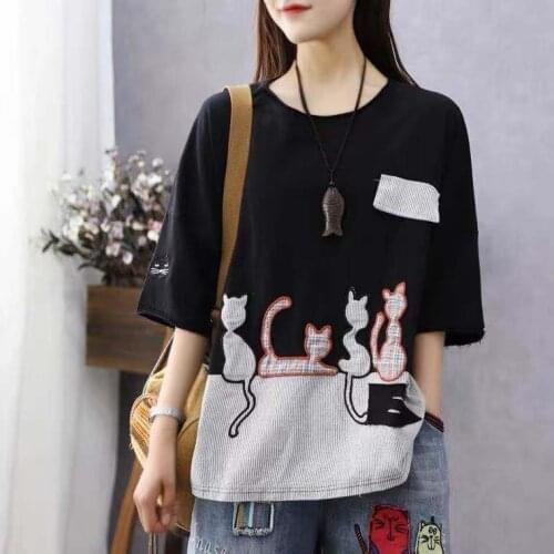 New Women Tshirts Sumemr Casual Patchwork Embroidery Animal Hole Loose Female Fashion Cotton Tees Wild