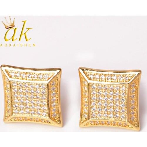 15MM Big Square Men Stud Earring Gold Color Full Cubic Zircon Screw Back Earrings Hip Hop Jewelry for Women