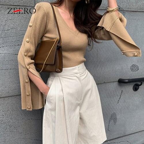 Autumn 2021 Korean Fashion Knitted Pullovers Women V-neck Long Sleeve Chic Metal Button Sweaters ;adies Tops Slim White Jumpers