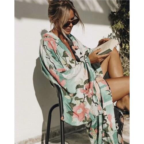 Happie Queens Vintage green Crane Floral Print Sashes Women bohemian V Neck batwing Sleeves happie Blouses robe Kimono