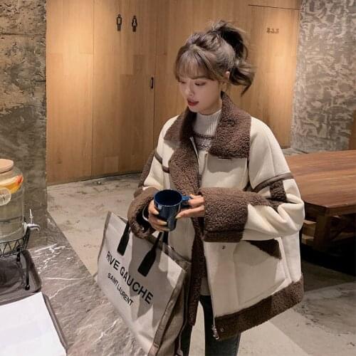 2021 womens fur one-piece thick lamb wool coat new retro motorcycle clothing thick warm loose autumn and winter coat jacket