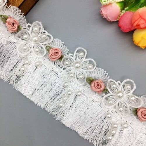 1 yd White Pearl Beaded Rose Flower Lace Trim Tassel Embroidered Ribbon Applique Patches Fabric Wedding Dress Sewing Craft