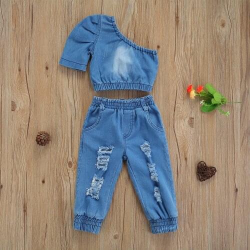 2021 New Girl’s Denim Clothes Sets 2pcs Solid Color One-shoulder T-Shirts Tops and Ripped Long Pants Summer Autumn Clothing 1-6Y
