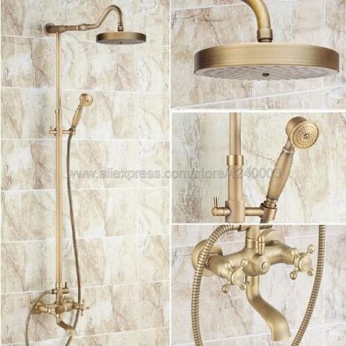 Antique Brass Shower Faucets Set Brass Rainfall Shower Mixer Tap Swivel Tub Spout Bathroom Shower Faucet Krs098