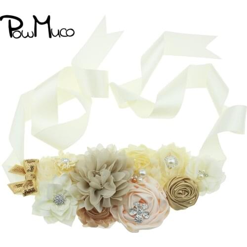 Powmuco Glitter Sequins Bowknot Chiffon Flowers Women Belts DIY Wedding Party Decoration Bridesmaids Dress Sash DIY Accessories