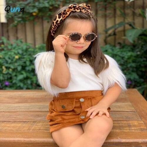 Qunq Toddler Girls Suits Feather Sleeve T-shirt Corduroy Skirt Two Piece Kids Clothes for Girl Spring Summer Children Outfits